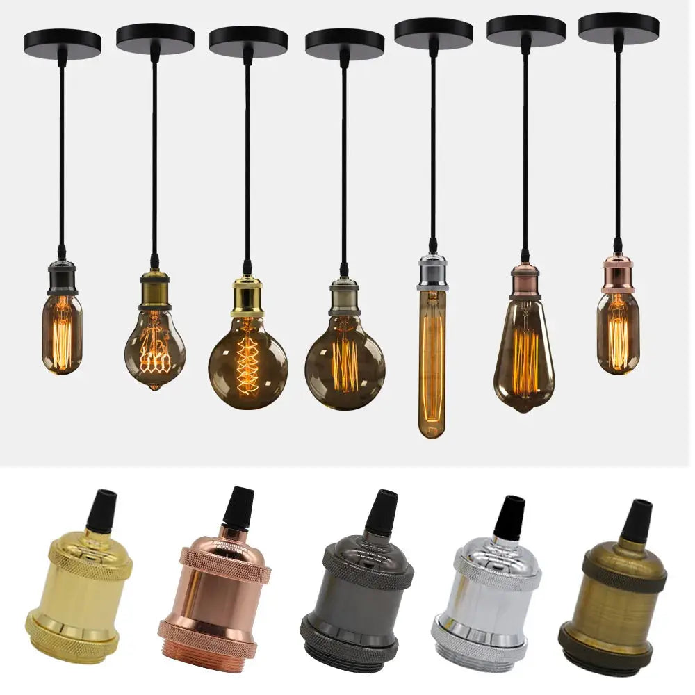 Aluminum pendant lights by Simples Market; eight industrial loft lamps with E27 sockets and black cords.