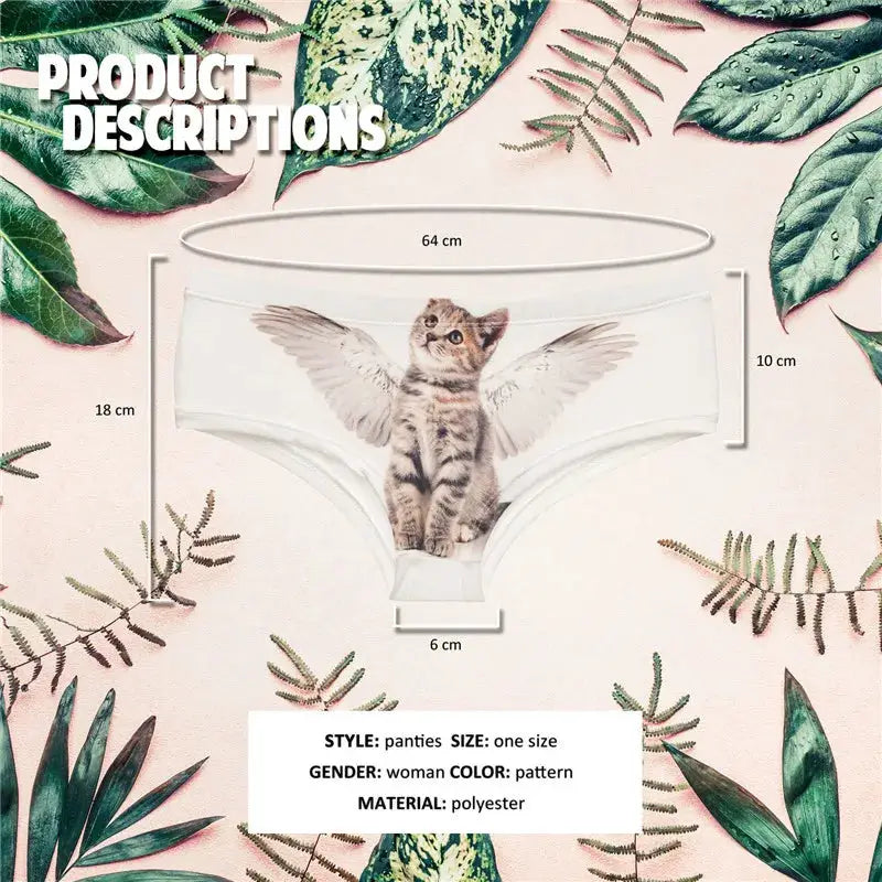Simples Market DeanFire Kawaii 3D panties for women with angel-cat cartoon print; white polyester underwear