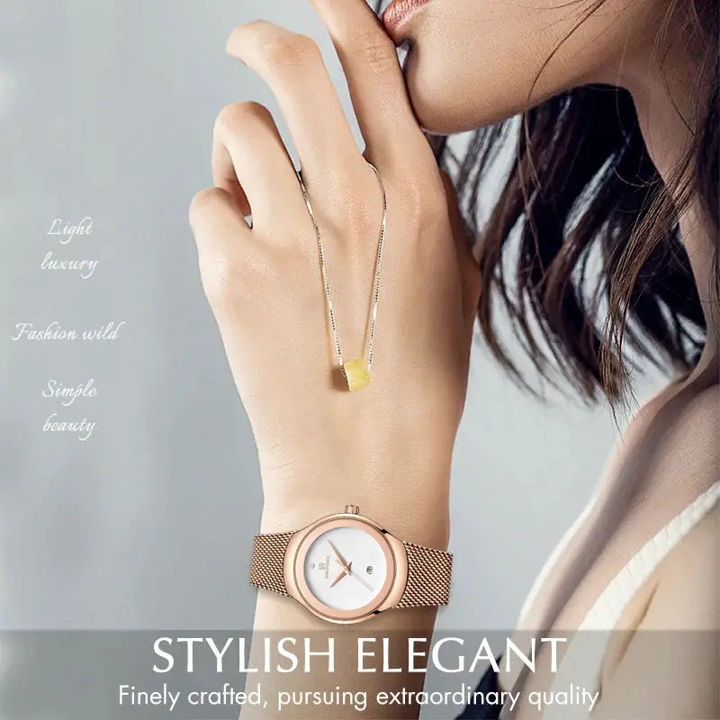 Naviforce women's rose-gold mesh watch with white dial; two-piece set includes yellow cube pendant necklace