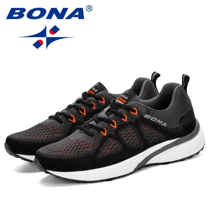 BONA men's running sneakers pair in black mesh with orange eyelets and white sole