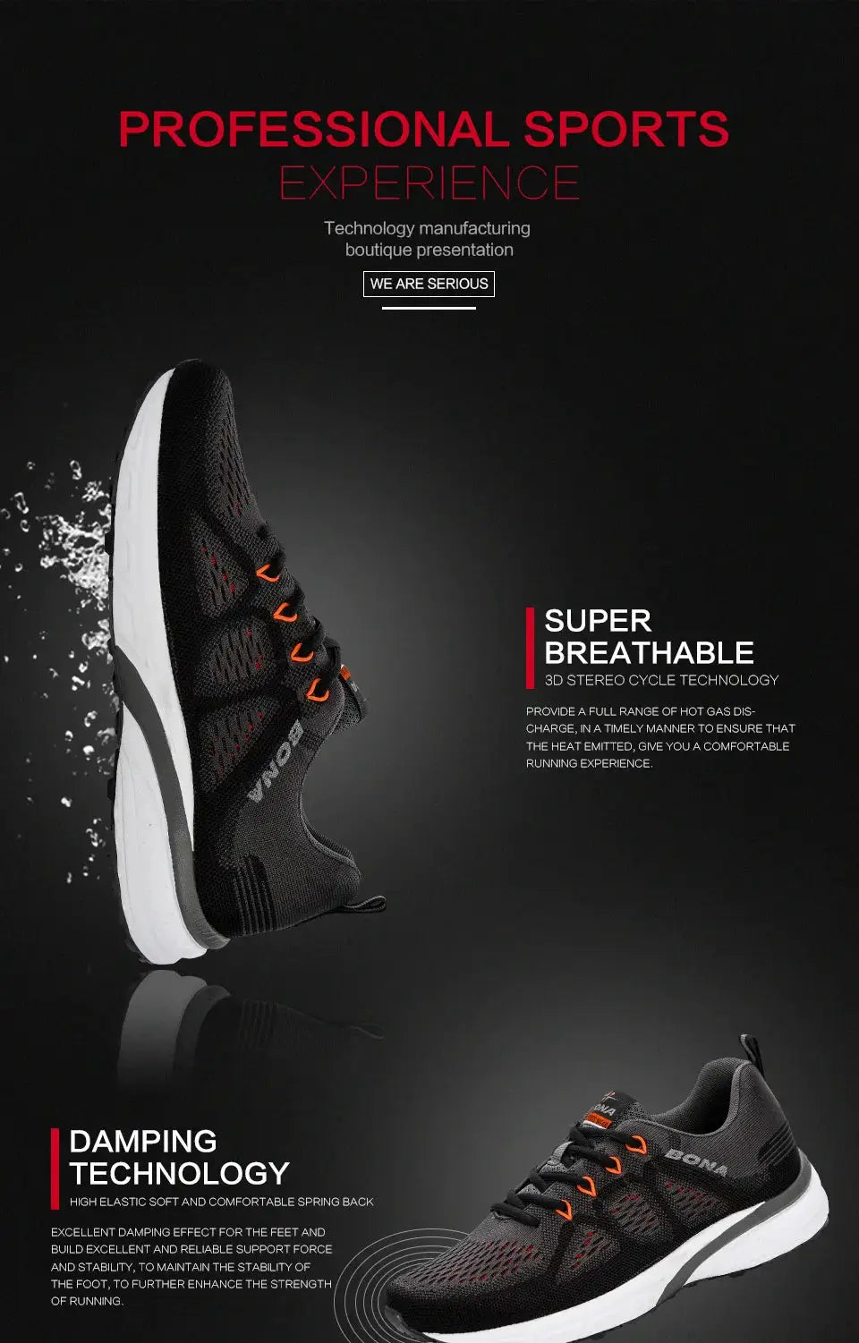 BONA running sneakers for men with black mesh upper, orange accents, and white sole.