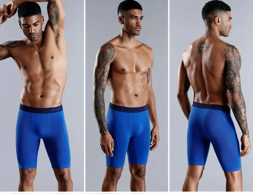 Long-leg blue men's boxer briefs by Simples Market, cotton fabric, front/side/back views.