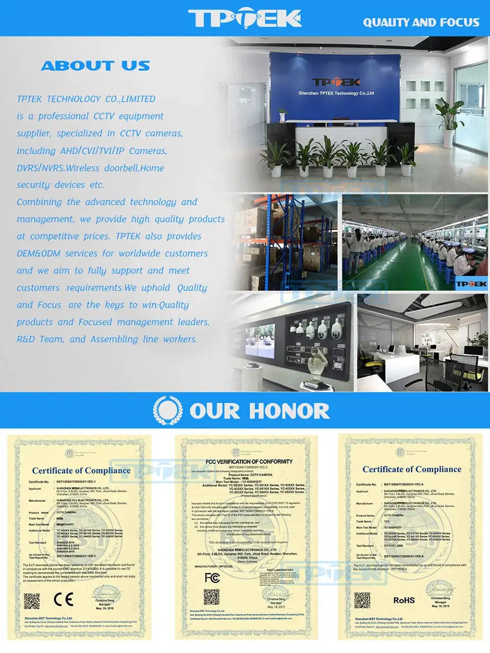 Simples Market 4K 8MP outdoor WiFi IP security camera; showroom display with blue TPTEK branding and certificates