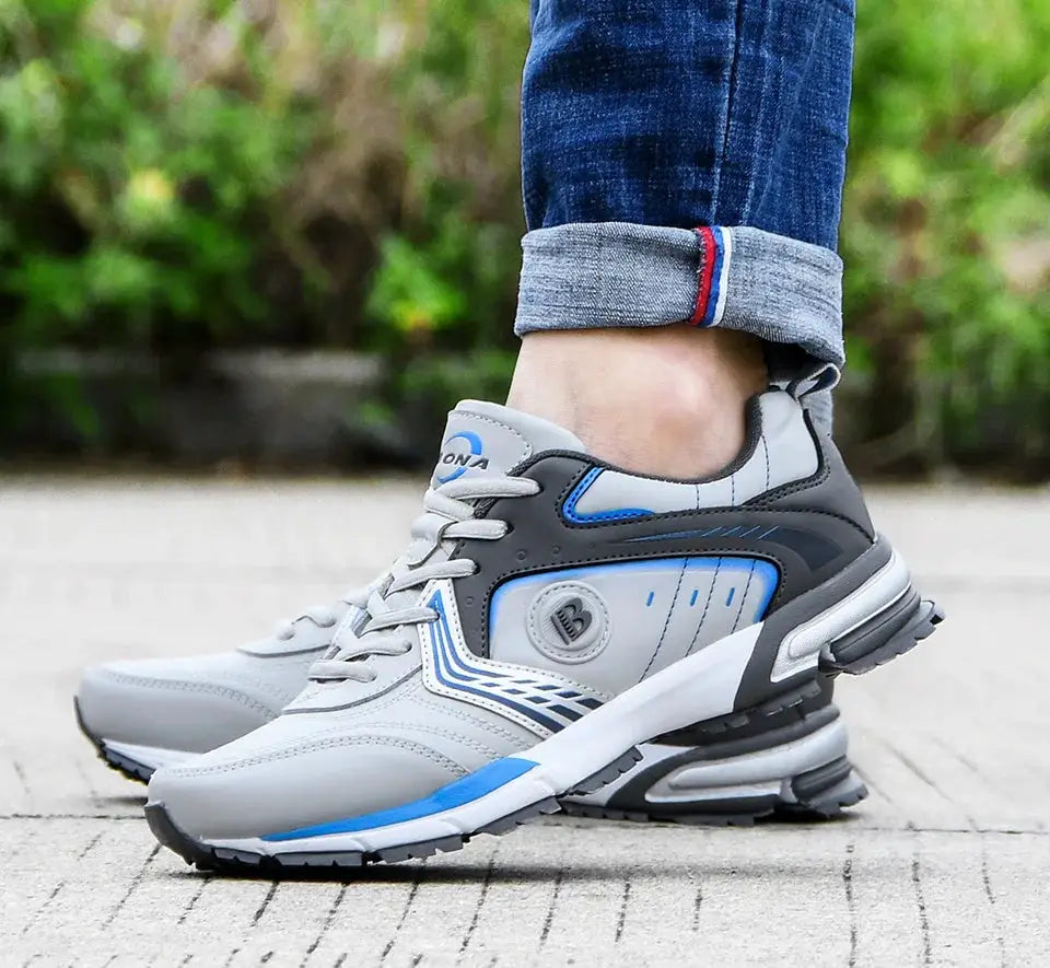 BONA running shoes for men, gray/blue lace-up sneakers, breathable walking and jogging footwear