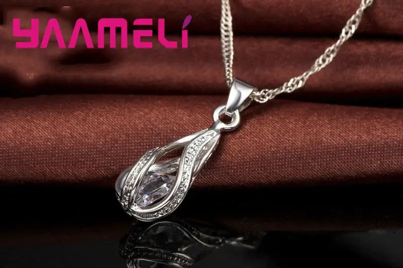 Water Drop CZ 925 Sterling Silver Plated Jewelry Set For Women Pendant Necklace And Hoop Earrings For Wedding Ceremony