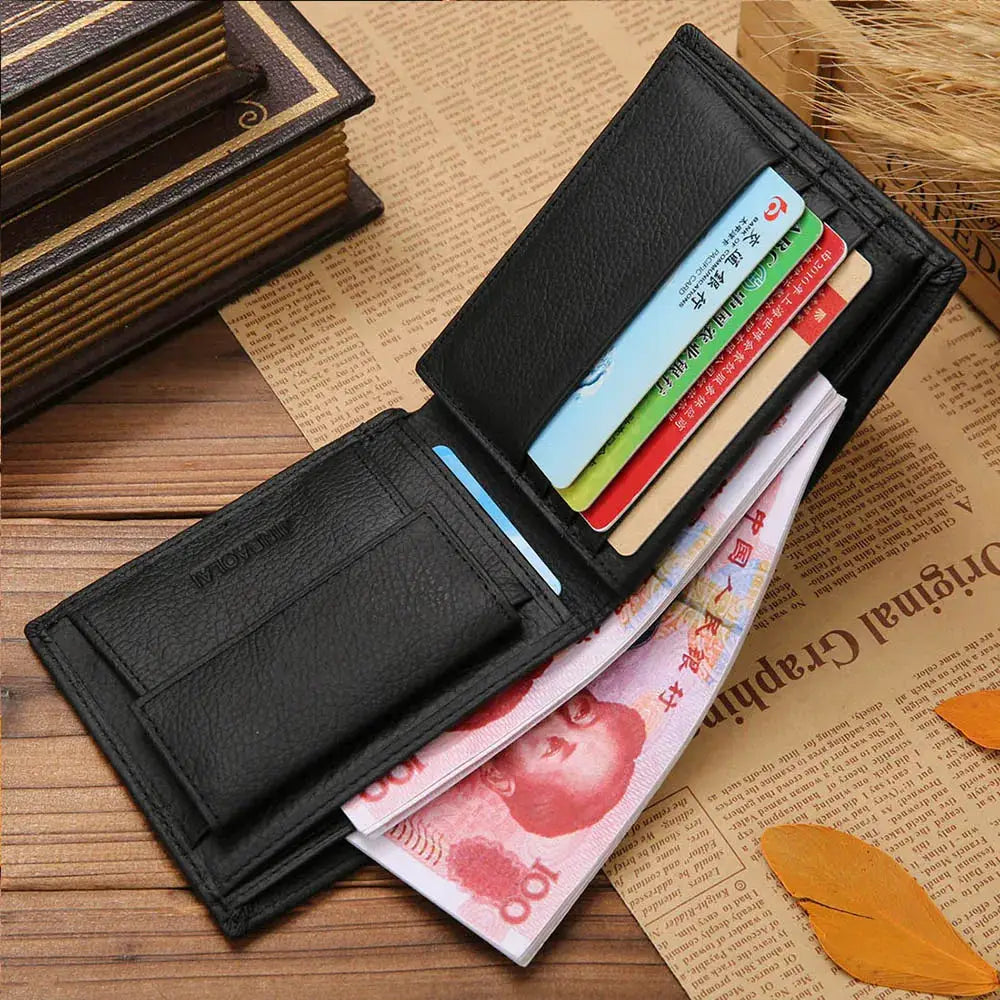 Classic short genuine leather men's wallet with card slots and coin pocket