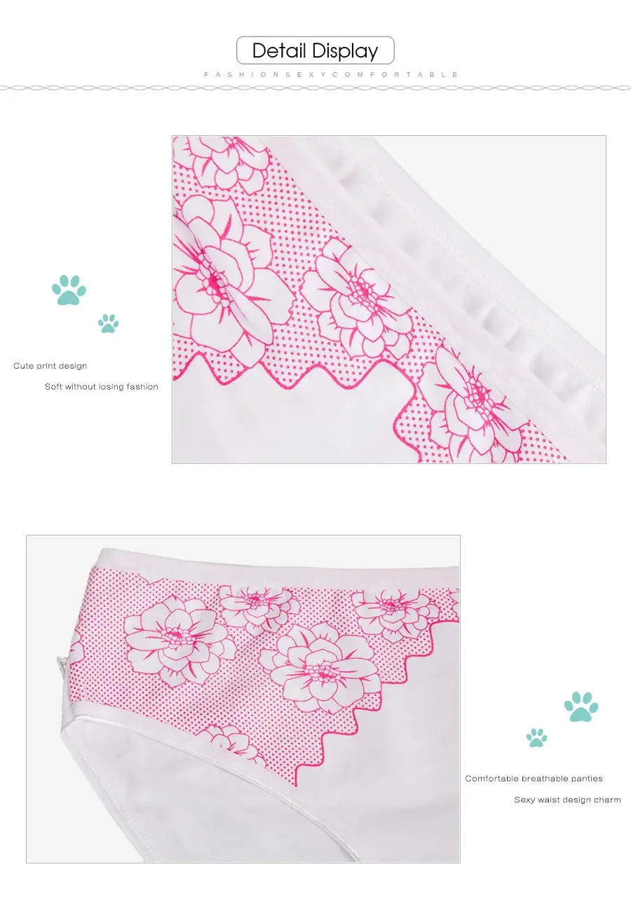 Women's cotton briefs with pink floral print on white fabric, mid-rise design with soft breathable cotton crotch