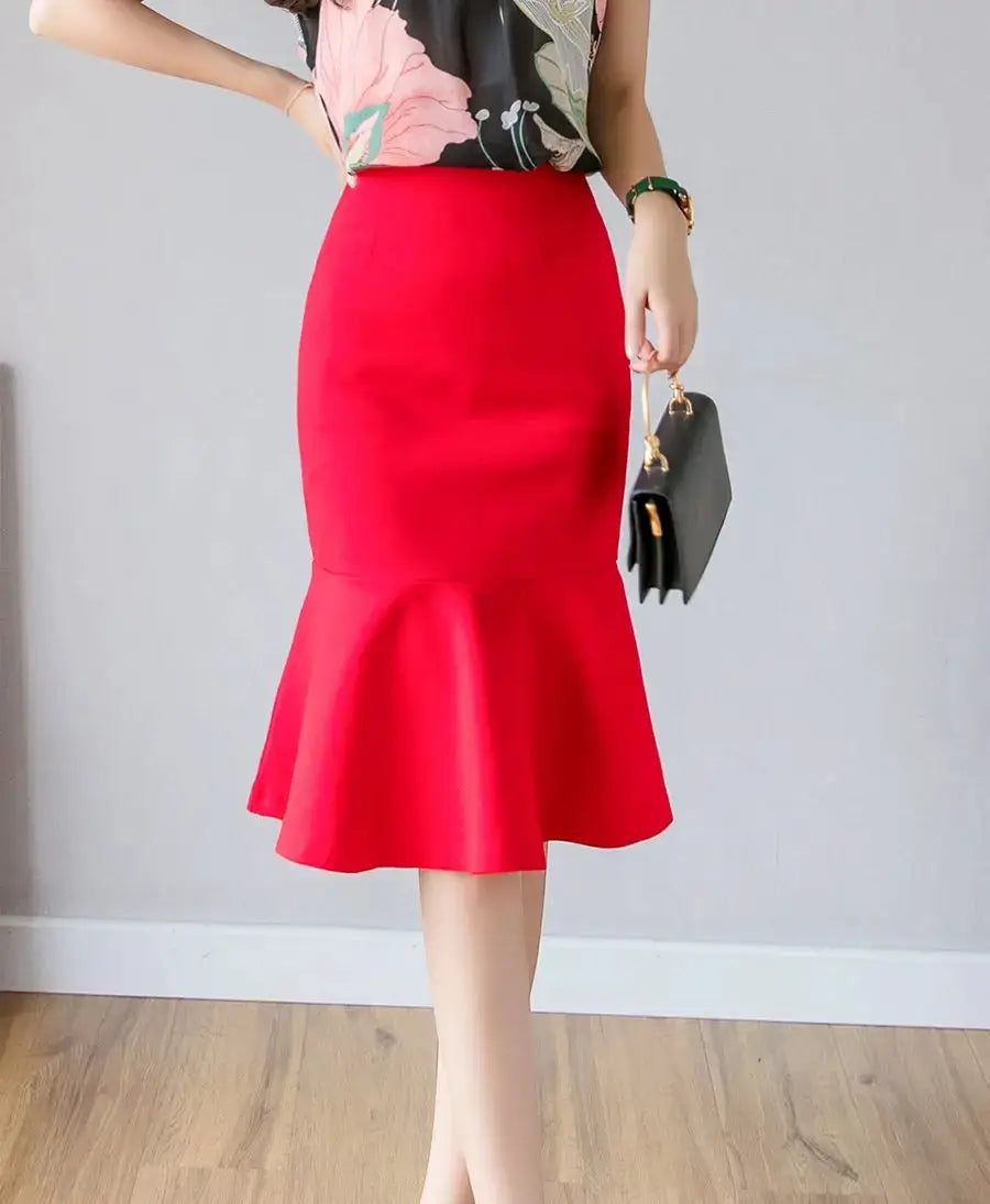 Red high-waisted midi skirt with a flared ruffled hem for women