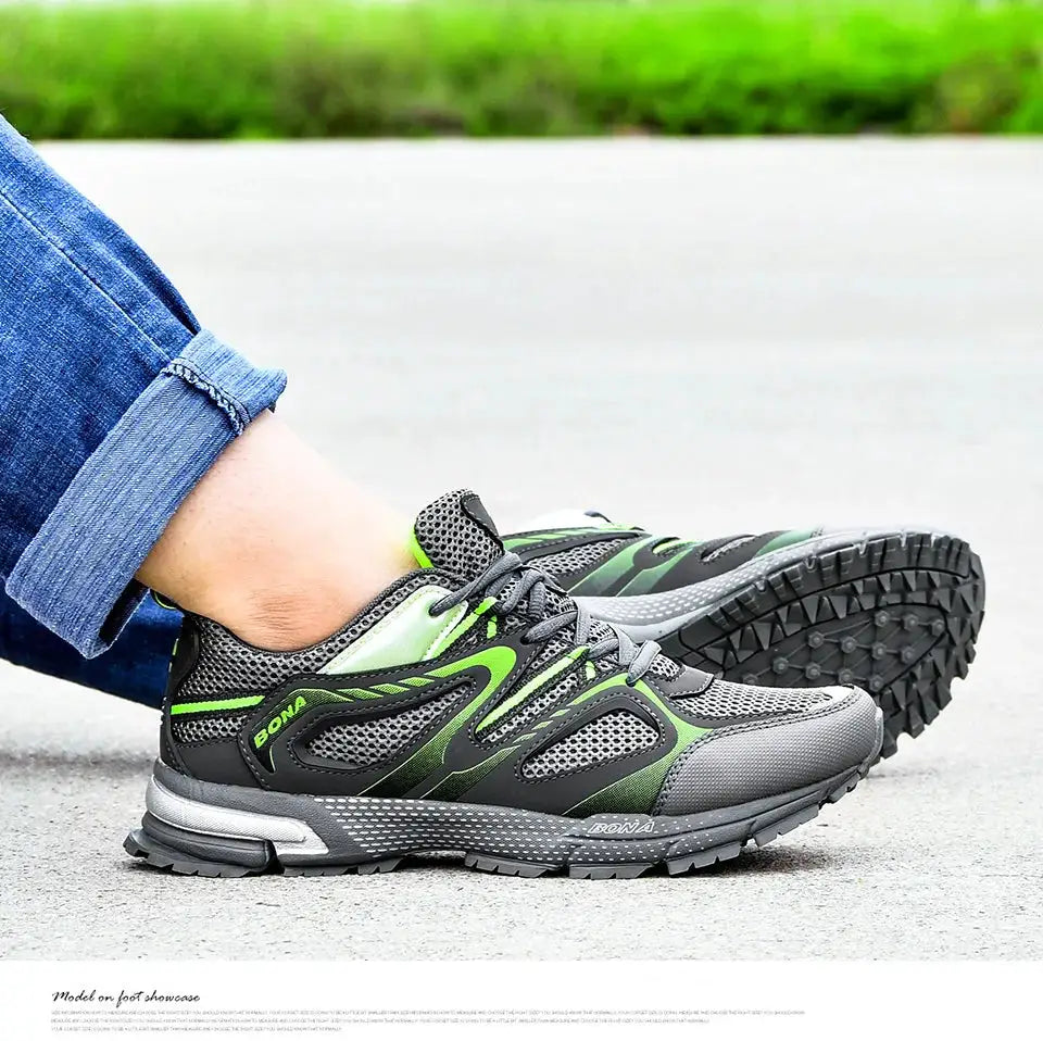 BONA men's running shoes with gray mesh and green accents, lace-up outdoor joggers.