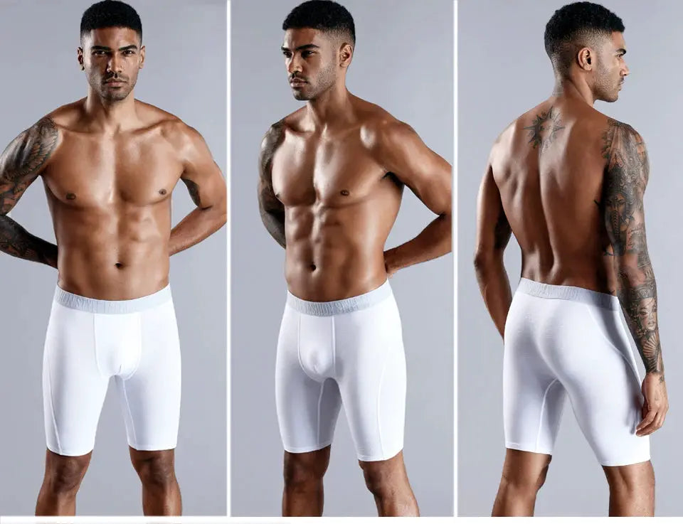 Boxer shorts for men, BONITOS long-leg white cotton underwear; front, side, and back views.