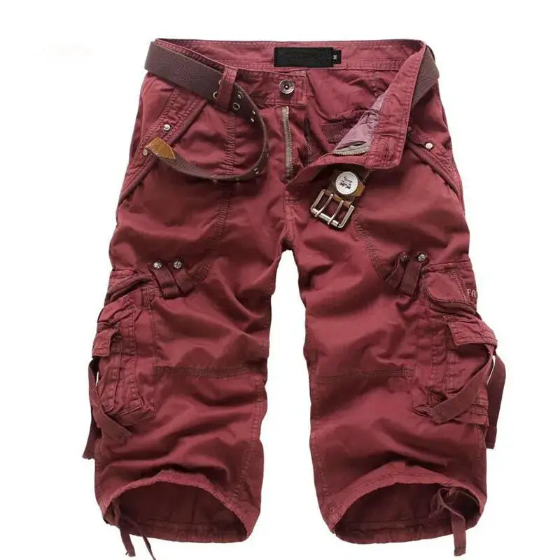 Men's burgundy cargo shorts, cotton knee-length with belt and multiple pockets