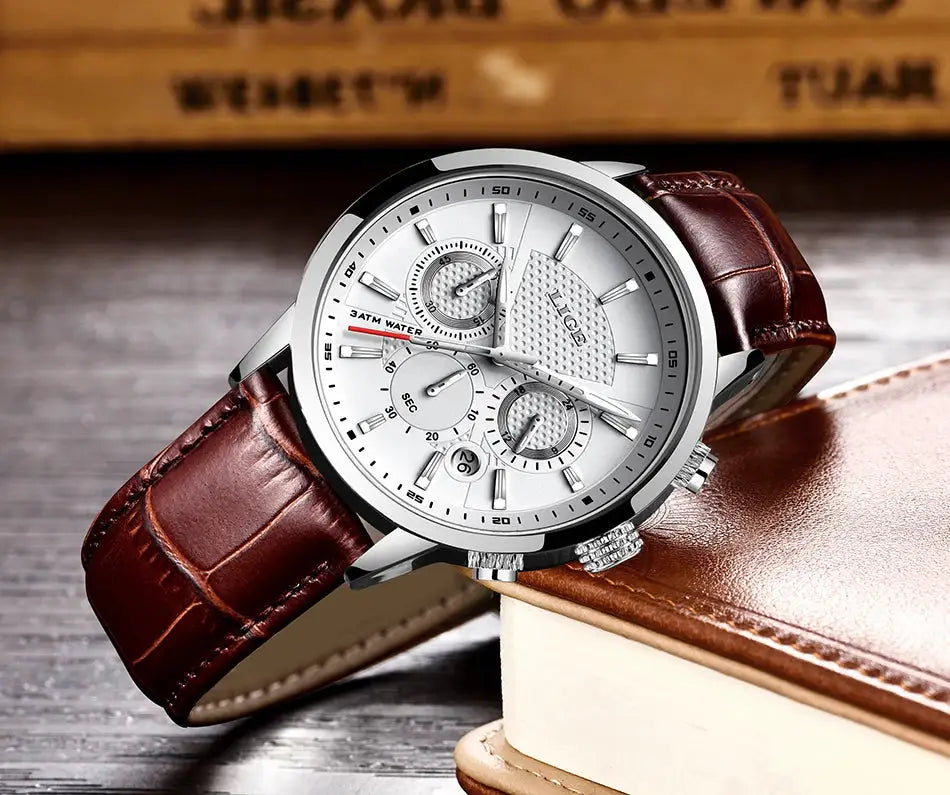 LIGE men's luxury quartz watch with brown leather strap and silver dial
