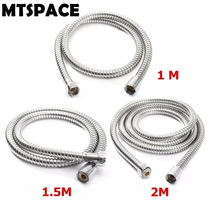 MTSPACE stainless steel shower hoses in 1m, 1.5m, and 2m lengths, chrome finish