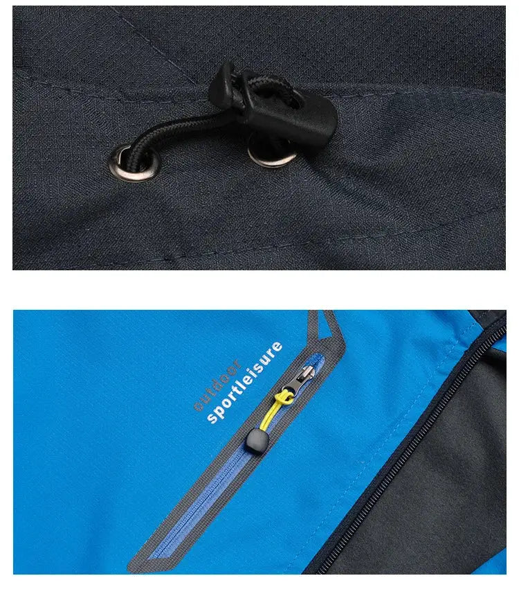 TRVLWEGO camping hiking jacket blue and black color block with yellow zipper pull.