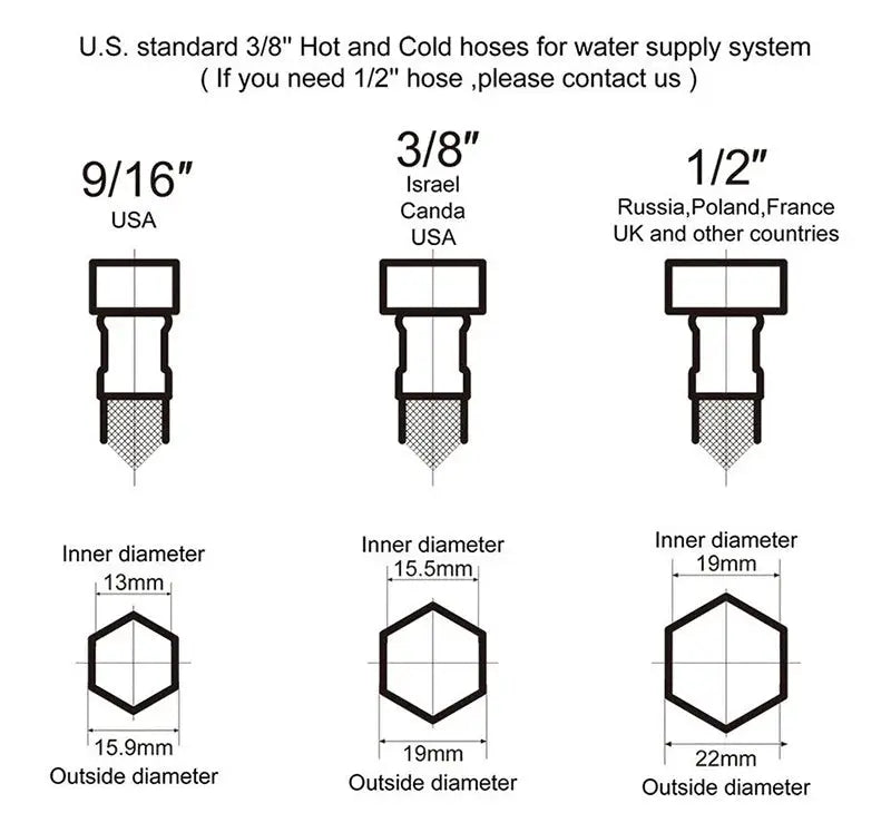 Basin faucet Simples Market, waterfall style single-handle mixer with hose size diagram showing 3/8 and 1/2 options.