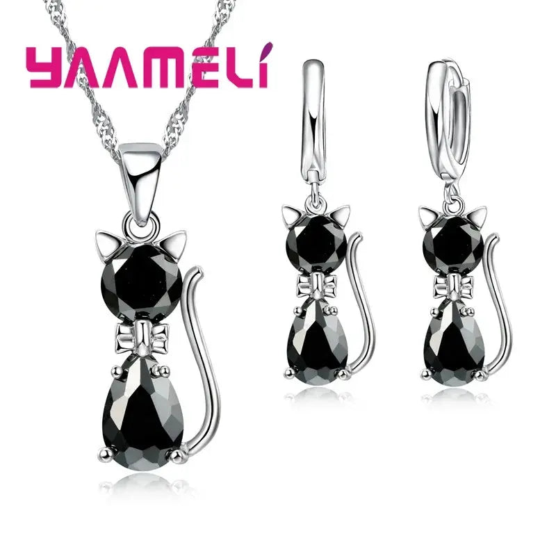 Real 925 Sterling Silver Cat Pendant Necklace And Huggie Earrings With Austrian Crystal Jewelry Set For Women And Girls