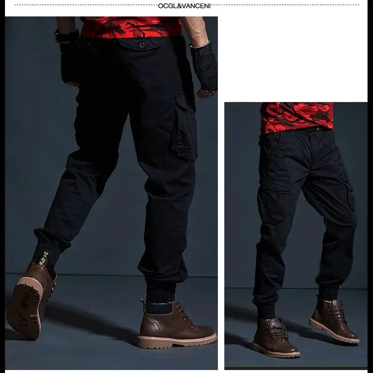 Men's black tactical cargo joggers with multiple pockets and cuffed ankles