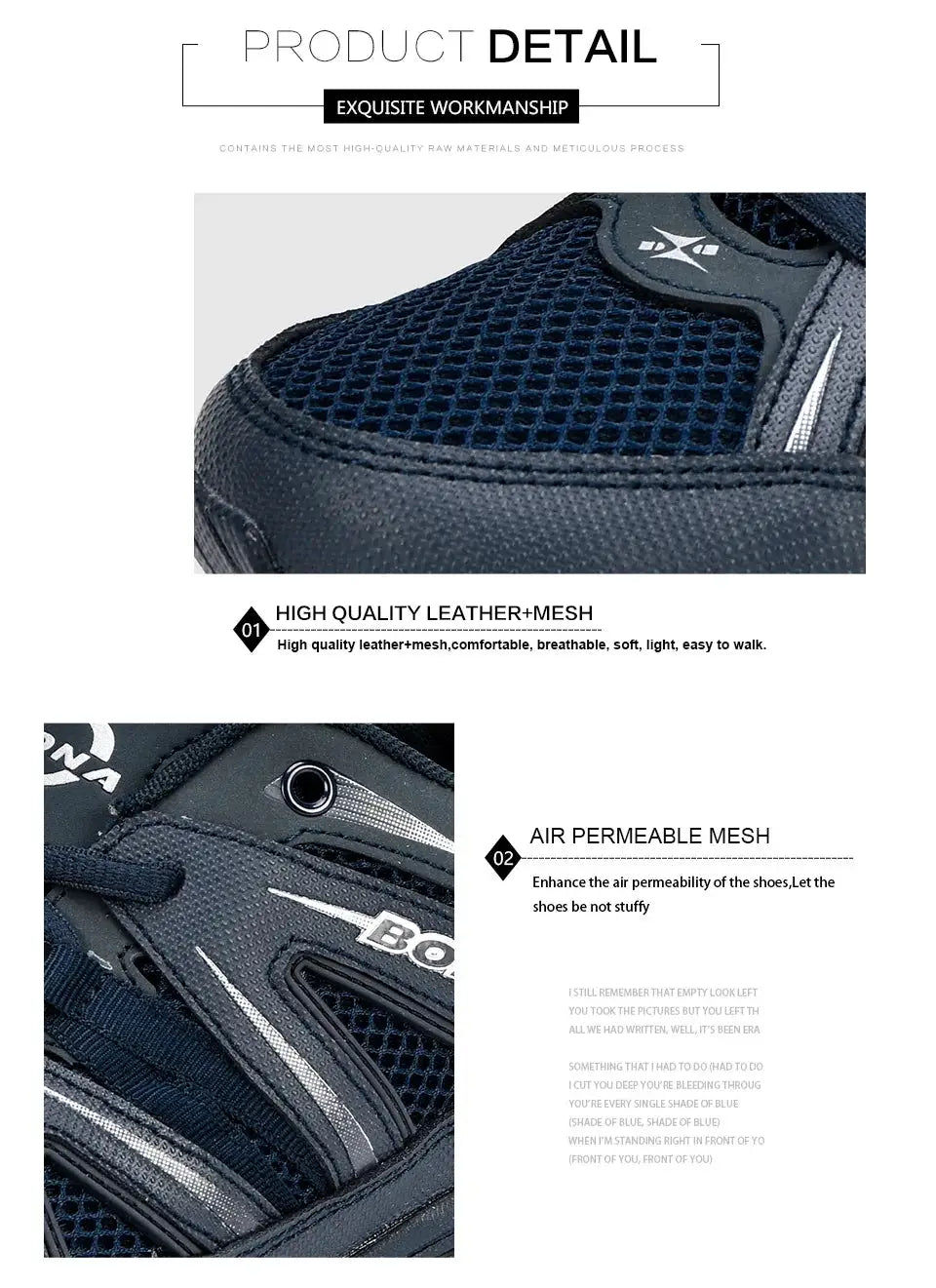 Men's running shoes with navy mesh upper and leather+microfiber accents, BONA logo visible
