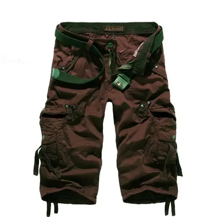 Men's cargo shorts by Simples Market, brown cotton knee-length with green belt and multiple pockets