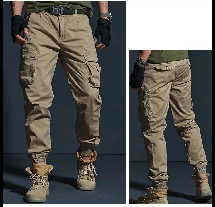 Simples Market men's khaki cargo jogger pants with multiple pockets and cuffed ankles