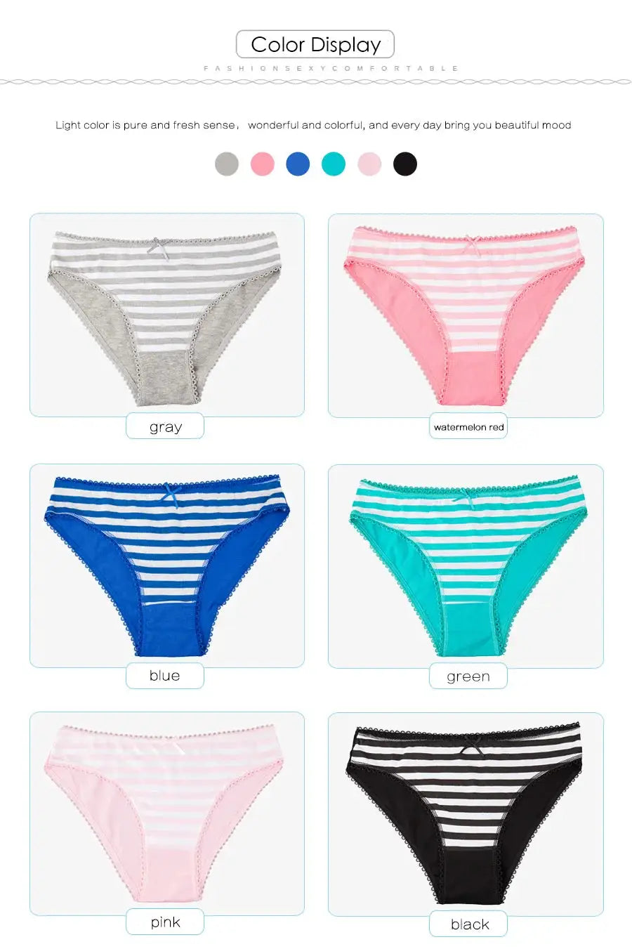 Women's cotton bikini briefs; Simples Market 6-piece color set in gray, watermelon red, blue, green, pink, black