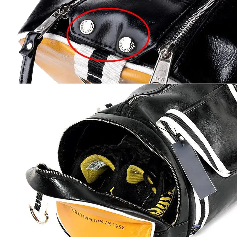 Simples Market sport gym bag in black waterproof leather with shoes storage pocket and YKK zipper