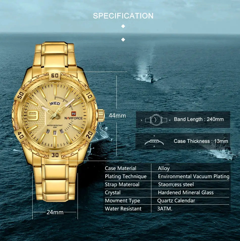 NAVIFORCE men's wristwatch with a gold-tone metal bracelet and water resistance 3ATM