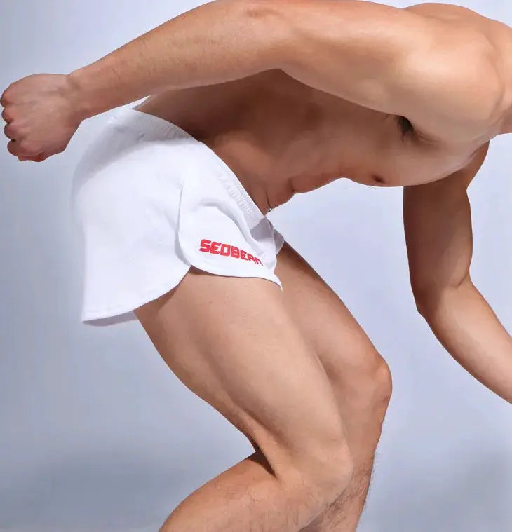 SEOBEAN men's sports running shorts with inner liner, white with red SEOBEAN logo