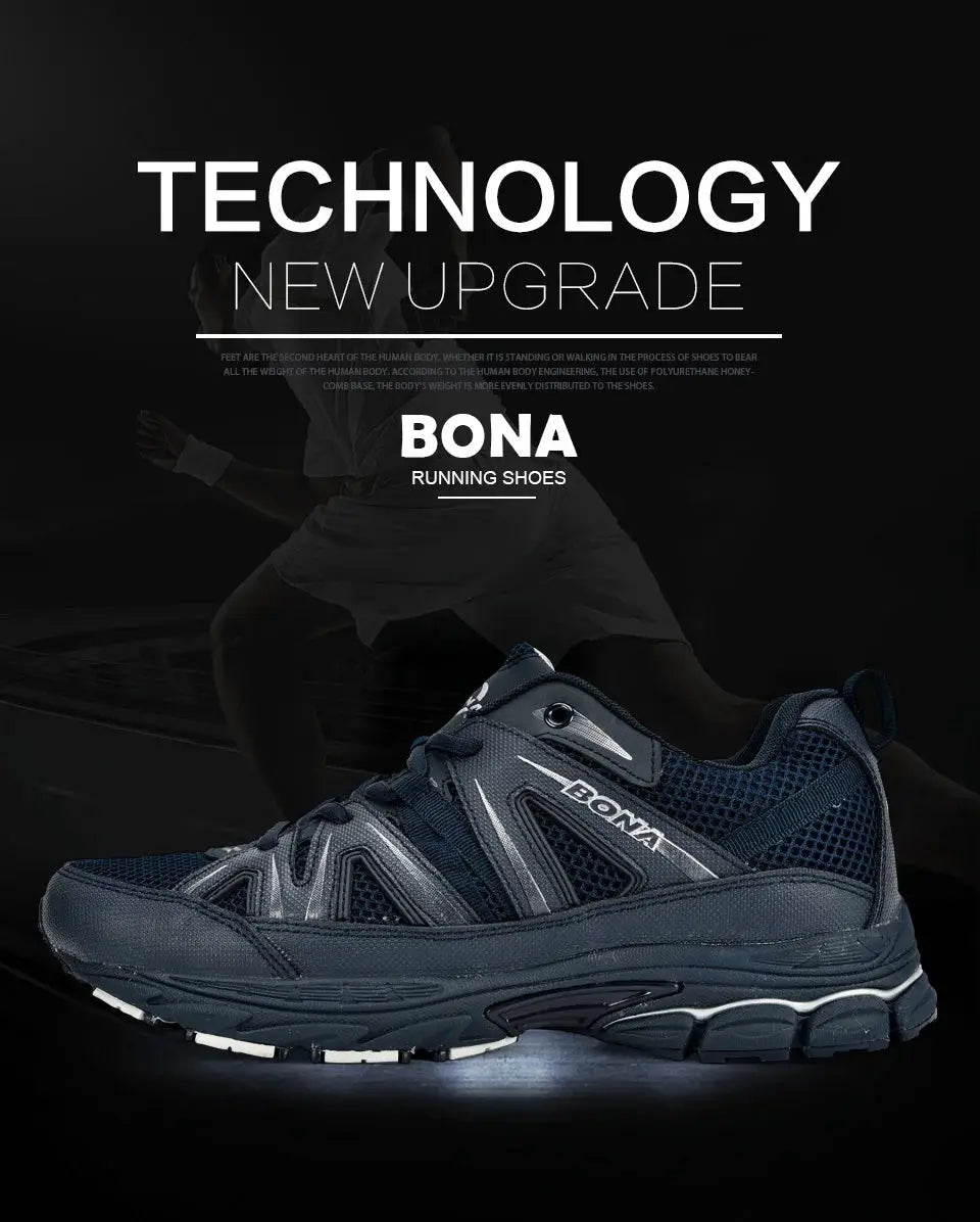 BONA men's running shoes in navy mesh and microfiber, lace-up sport sneakers