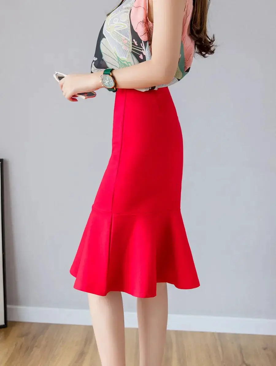 Skirt red high-waist midi with flared ruffle hem by Simples Market