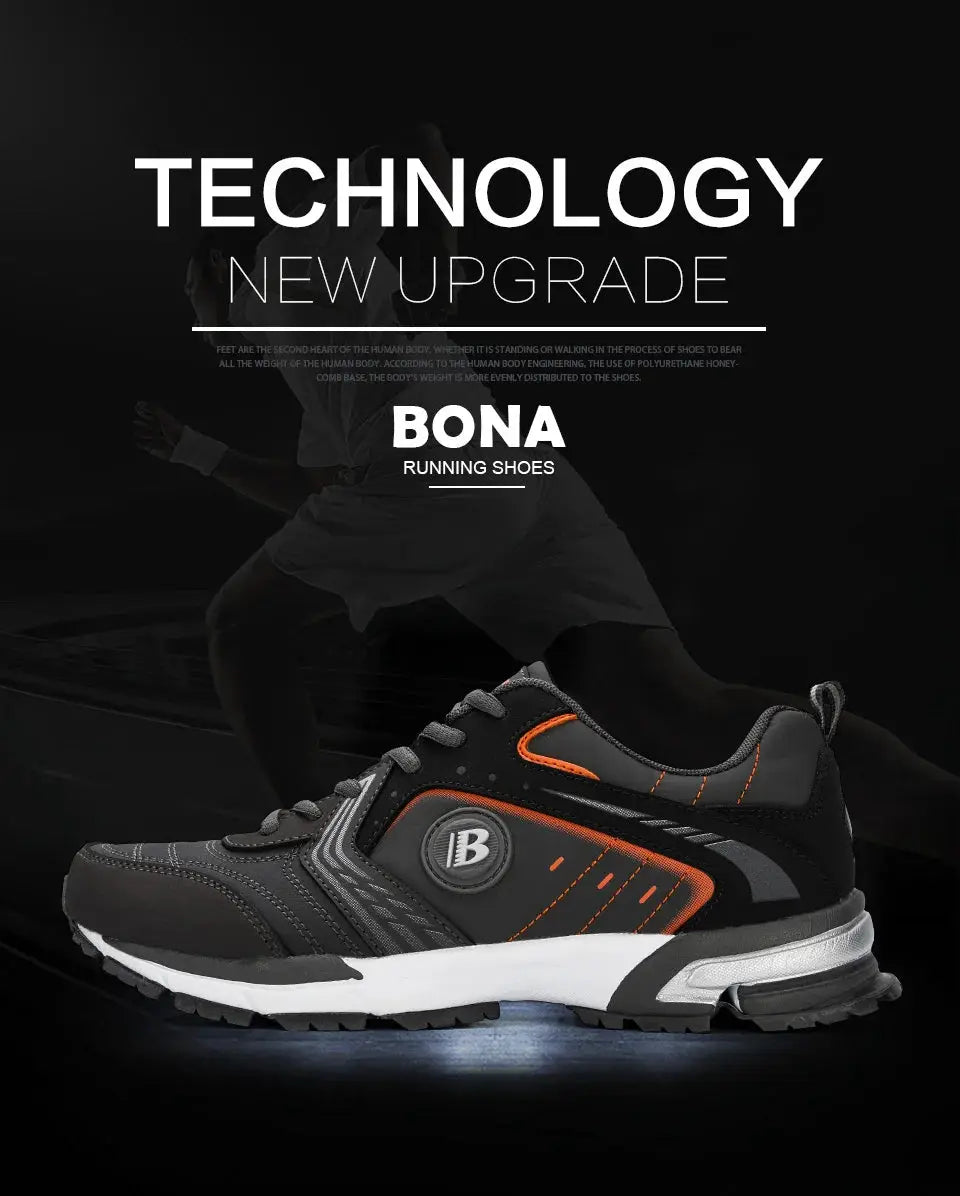 BONA men's running shoes, black with orange accents, lace-up breathable athletic sneakers.