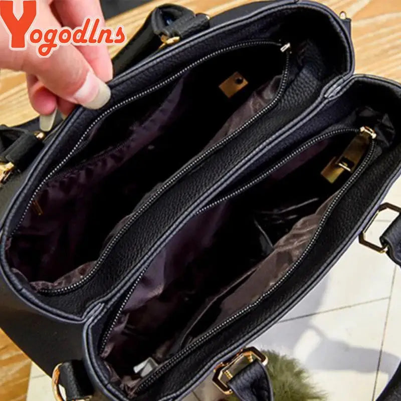 Yogodlns Beading Pendant Handbag Soft PU Leather Embossed Detailing Hairball Pendants Casual Tote With Compartments