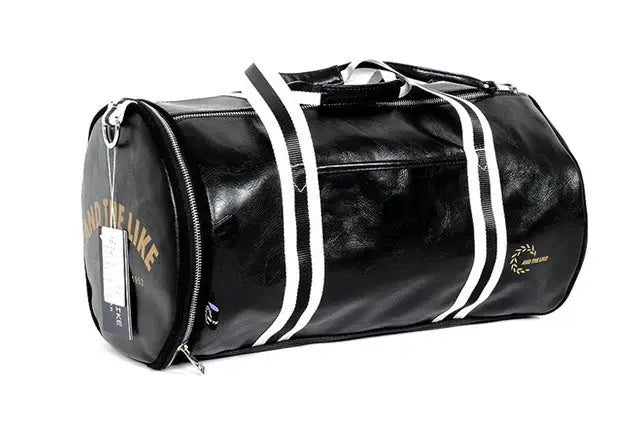 Sport gym bag by Simples Market, black leather duffel with white straps and shoe storage pocket