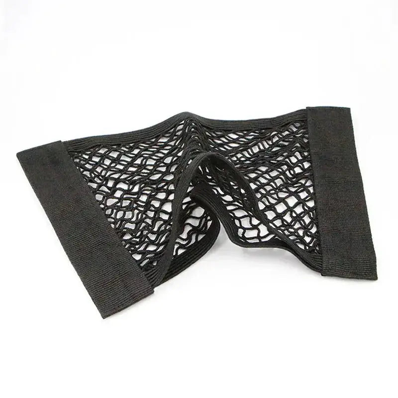 Black nylon mesh car trunk storage bag with elastic straps.