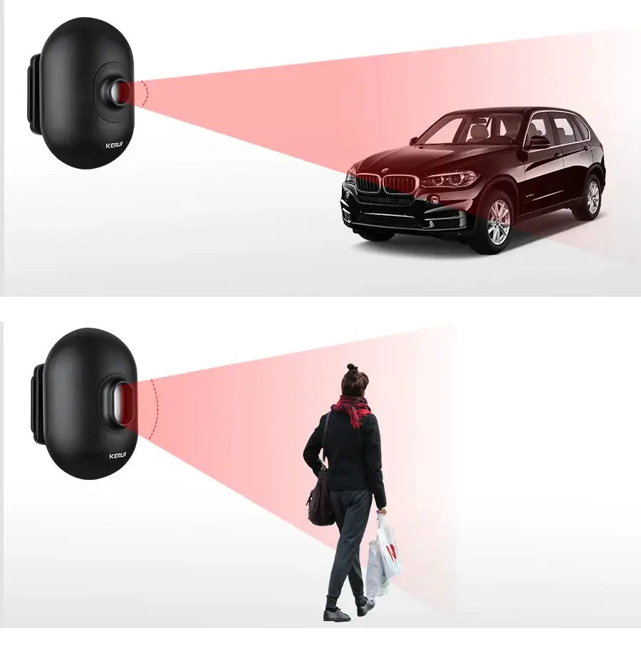 KERUI DW9 outdoor wireless driveway alarm; black PIR motion sensor with red detection beam toward a car and a pedestrian