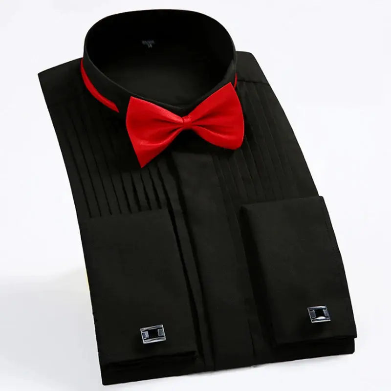 Classic Winged-Collar Dress Shirt with red bow tie, pleated front, cufflinks Simples Market