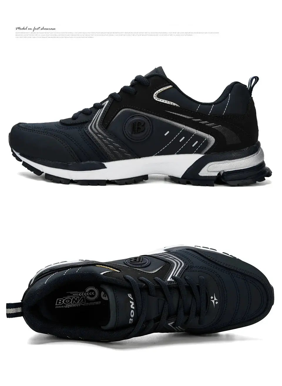 BONA men's running shoes in dark navy with white sole, breathable lace-up sneakers