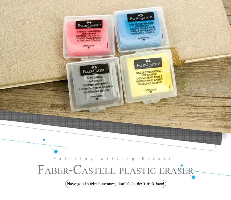 Faber-Castell art kneaded erasers four-pack in pink, blue, gray and yellow boxes