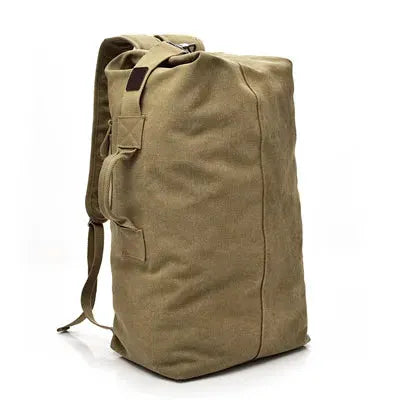 Canvas travel backpack by Simples Market, large-capacity khaki mountaineering bag for men.