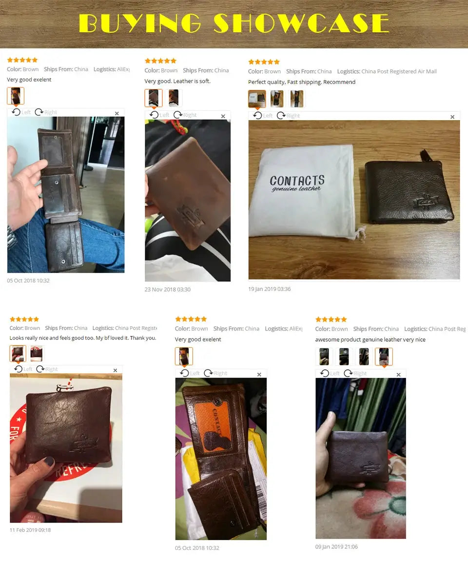 CONTACT'S genuine Crazy Horse leather men's wallets, brown cowhide vintage trifold with zip coin pocket