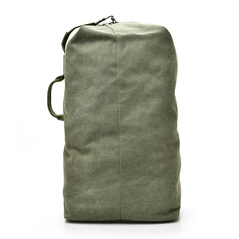 Men's olive green canvas travel backpack, large-capacity bucket-style bag.