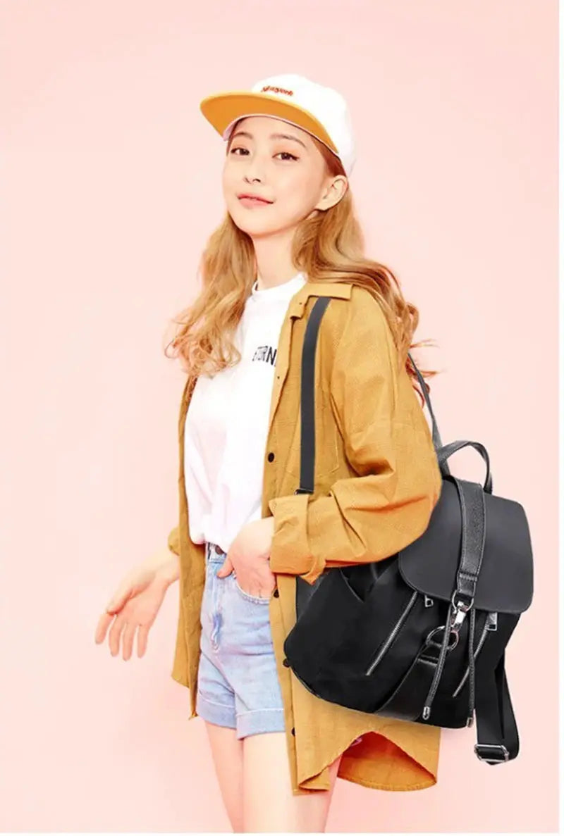 Simples Market women's nylon backpack, black, large capacity casual travel bag