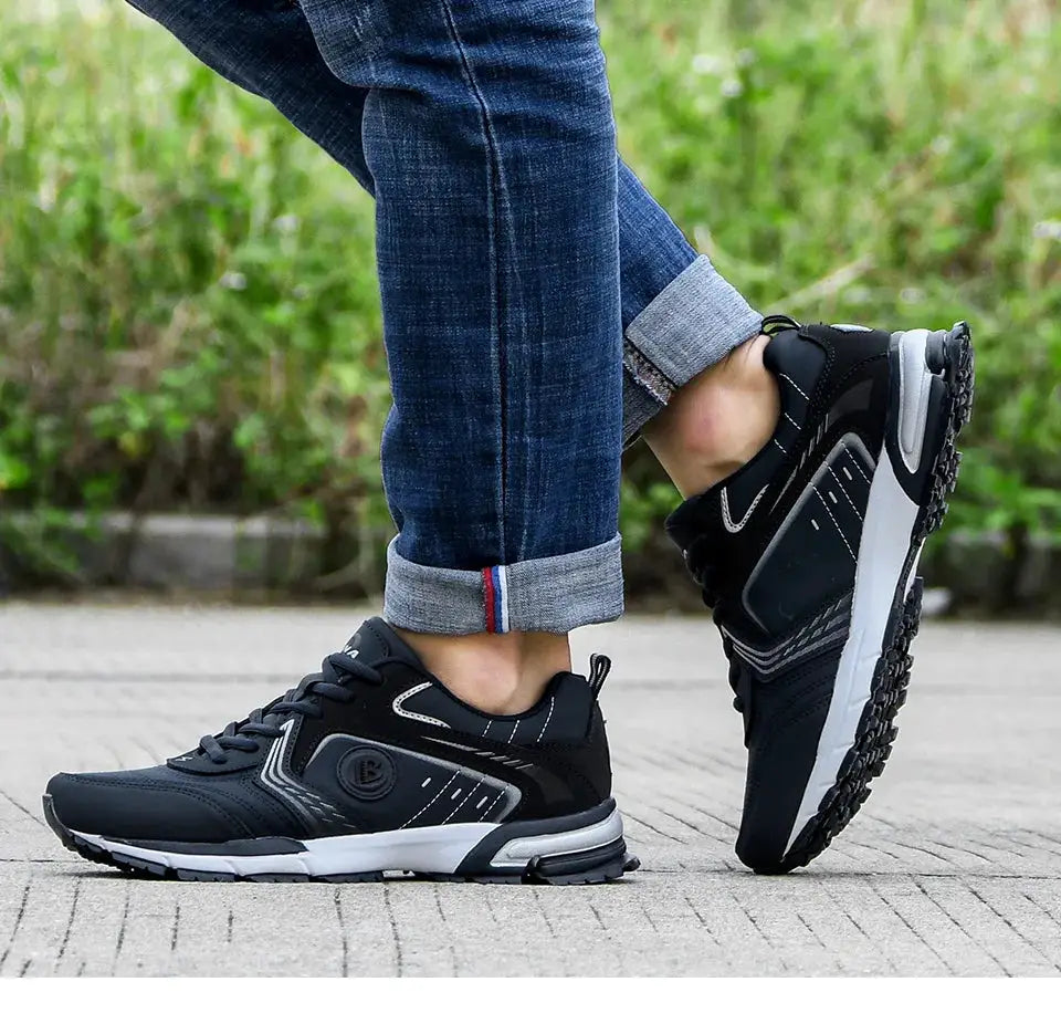 BONA Running Shoes Men black lace-up sneakers with white sole for outdoor walking and jogging