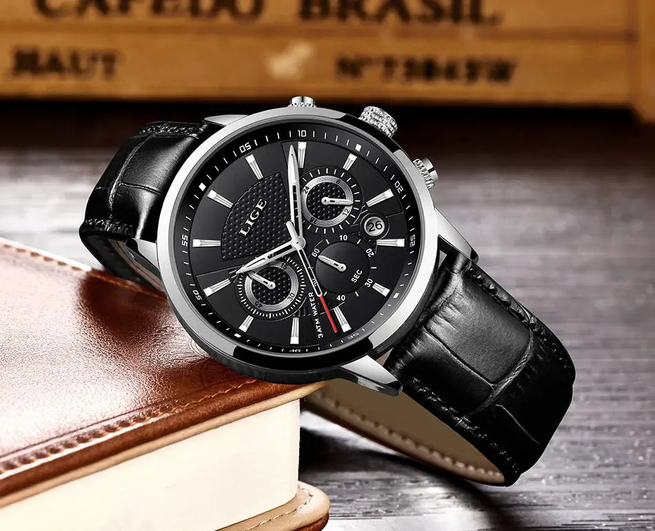 LIGE men's chronograph watch with black leather strap, three subdials, silver case