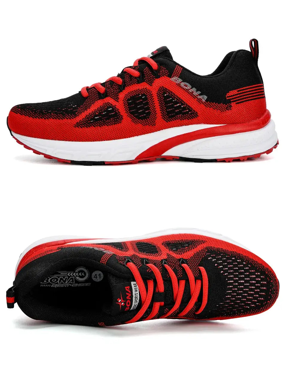 BONA running sneakers for men; red and black mesh upper, white midsole, lightweight athletic shoes