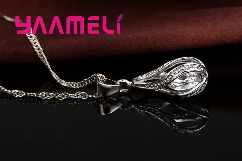 Water Drop CZ 925 Sterling Silver Plated Jewelry Set For Women Pendant Necklace And Hoop Earrings For Wedding Ceremony