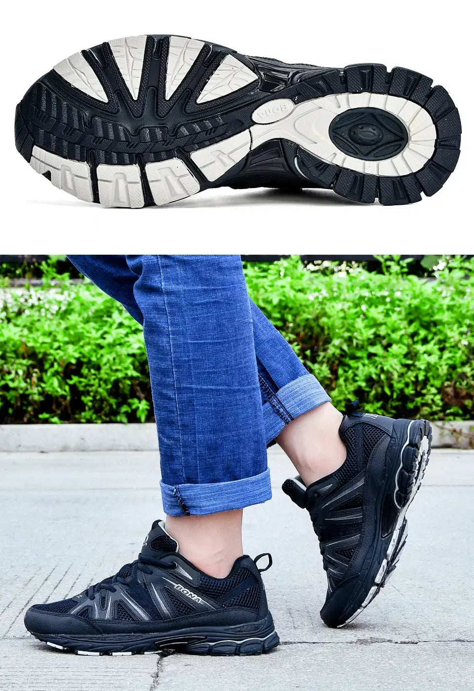BONA men's running shoes; black mesh upper with rugged outsole