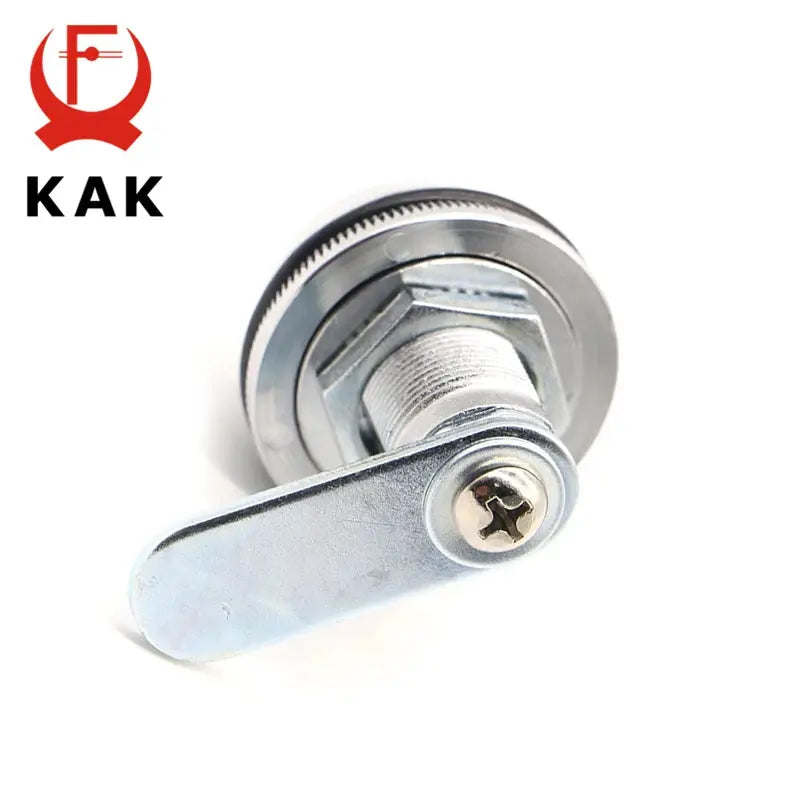 KAK cam lock, chrome-silver zinc alloy cabinet/mailbox lock with lever arm, threaded body, mounting nut, and screw