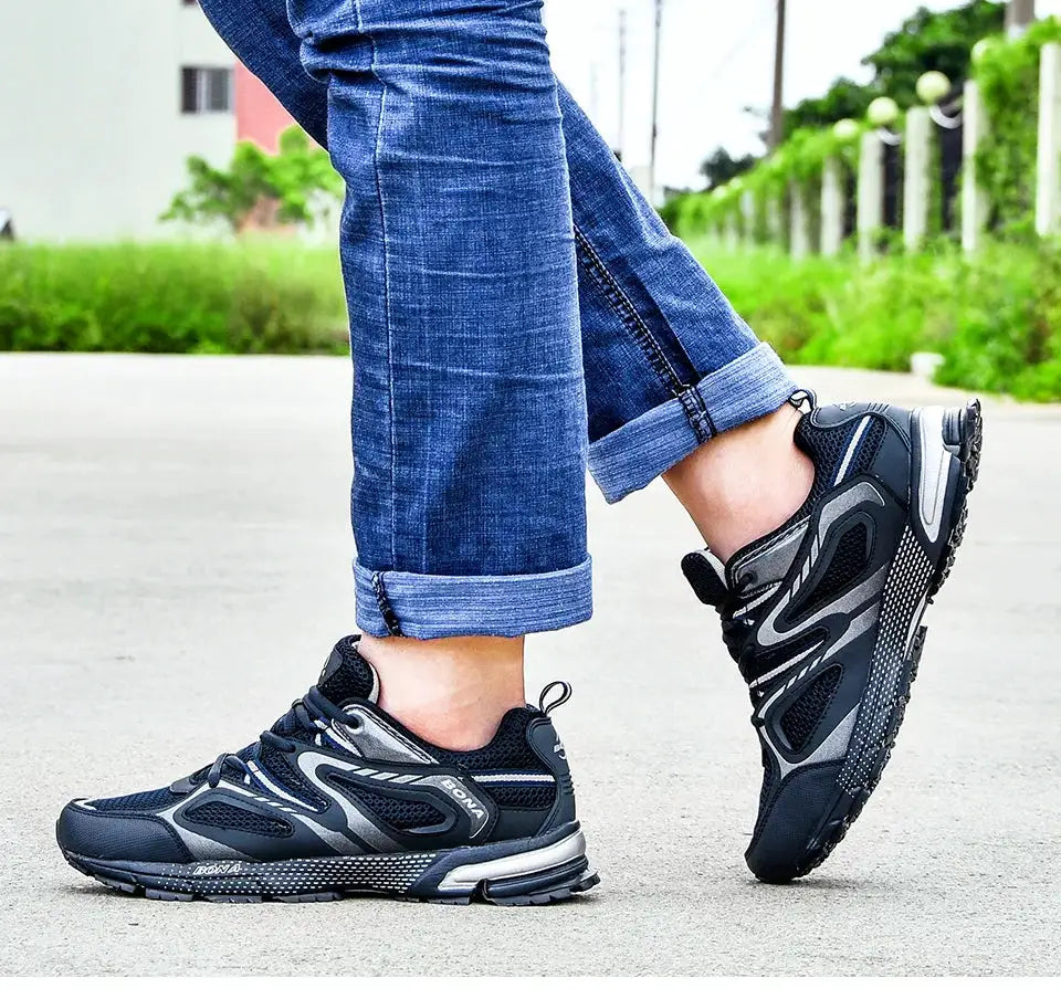 BONA men's running shoes, black and gray mesh lace-up outdoor sneakers