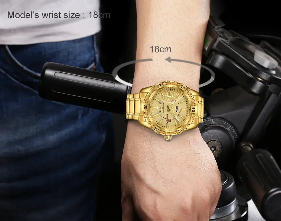 NAVIFORCE luxury men's wristwatch by Simples Market; gold-tone stainless steel bracelet, quartz movement, analog dial